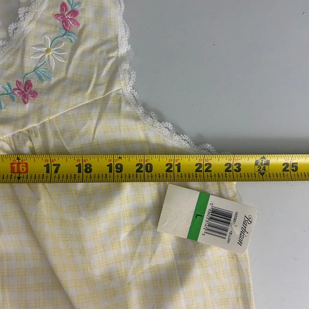 Barbizon Nightgown Yellow Gingham Floral Embroidered Lace Trim Large Vintage NEW